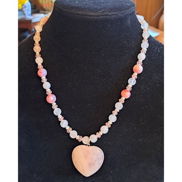 Handmade Rose Quartz and Beaded Necklace with Rose Quartz Heart Pendant - Picture 1 of 3
